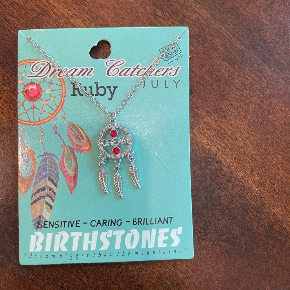 Silver Dream Catcher Necklace with Red Accents (July)